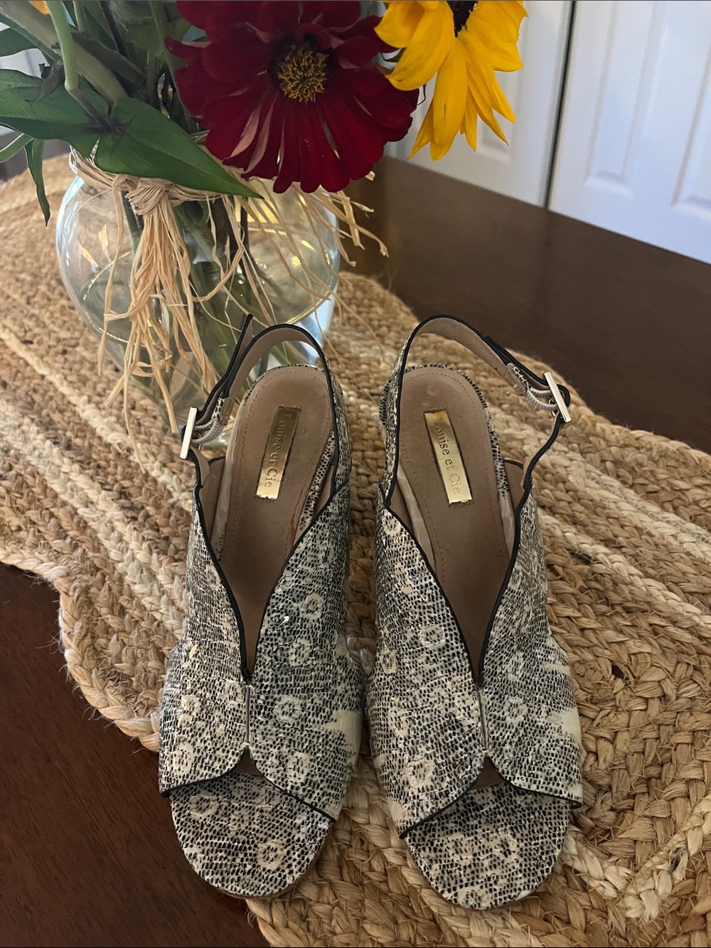 Louise et Cie Black & White Patterned Slingback Wedge Mules